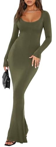 REORIA Womens Sexy Casual Scoop Square Neck Long Sleeve Soft Lounge Long Dress Fall Wedding Guest Elegant Ribbed Bodycon Maxi Dresses Olive Green Small