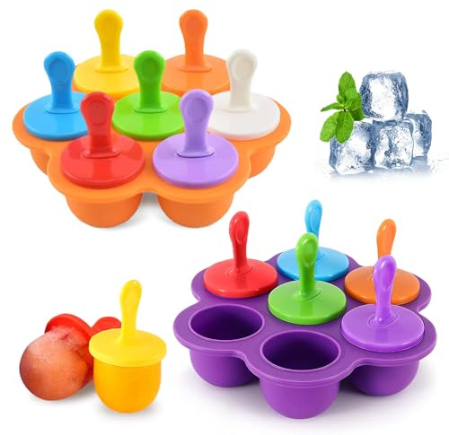 Riisoyu 2 Stück Eisförmchen Popsicle Formen, Silikon Mini Eisformen BPA frei Eisformen Eis am Stiel Silikon Mulden Eisform mit Kunststoffstäbchen mit 14 Kunststoffstäbchen, Orange&Lila
