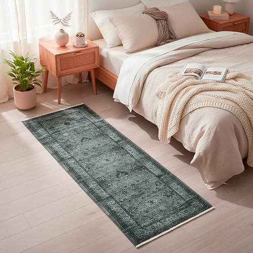 TESSO LIVING Moderner Vintage Boho Teppich Laufer - Grün 80 x 215 cm - Maschinenwaschbar und rutschfest Kurzflor Teppich - bringt Wärme in Wohnzimmer und Schlafzimmer