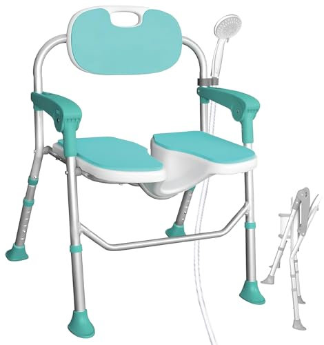 AITX Silla de Ducha Plegable Reposabrazos y Respaldo, Antideslizante, con Altura Ajustable. Silla de baño con Diseño Cóncavo 3D, Adecuada para Ancianos y Discapacitados