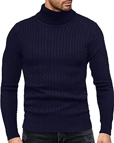 Fastkoala Hommes Pulls Col roulé Pullover Chaud Basique Jumper Tricot Cardigan Tops Régulier Slim Fit Marine L
