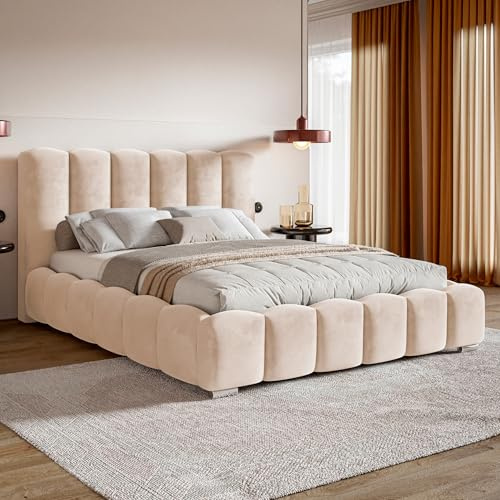 MOTIVENA Grand Bubble Bett 140x200 Beige Samt, mit Stauraum, mit Kopfteil, mit Lattenrost, mit Füßen, mit Matratze H2/H3, Bubble Polsterbett 140x200 mit Bettkasten Beige (Creme)