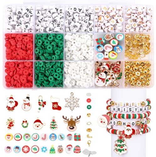 BETESSIN Weihnachten Perlen Set - 1580 Stück für Armbänder - Polymer Clay zum Auffädeln - Set für Armbänder Basteln, DIY Schmuckherstellung und Geschenkidee für Kinder