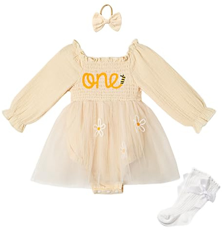 Miipat Baby flicka klänning 1:a födelsedagen kläder klänningar tyll sparkdräkt långärmad bodysuit fotosession rekvisita set tårta smash kläder rosett pannband och strumpor, Aprikos, 12-18 Months