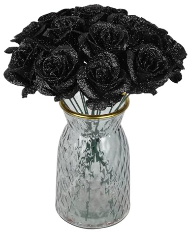 Rzoukler Rose finte glitterate nere, 30 rose artificiali con steli, per fai da te, bouquet di nozze, feste, decorazioni per la casa (nero)