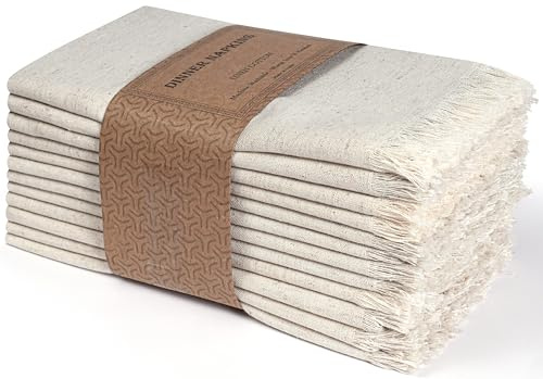 Bedding Craft Linen Cloth Dinner Napkins Set of 12 – 18x18 Natural with Fringed Corners – Machine Washable Fabric Napkins for Weddings, Baby Showers, Parties & Dining