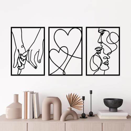 ESTART Minimalistische Wanddekoration aus Metall, 3 Stück, Valentinstag, Liebhaber, Kuss, Hand, Metall-Wanddekoration, ästhetisch, modern, zum Aufhängen, Wanddekoration für Schlafzimmer, Badezimmer