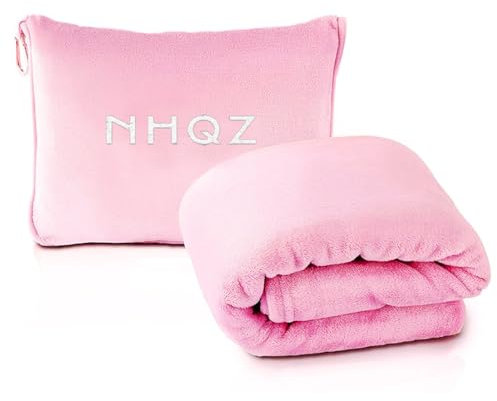 NHQZ Coperta da Viaggio,50x60in(152 x127cm) Coperta da Viaggio e Cuscino,Morbido e Caldo 2 in 1,Portatile Aereo per Viaggi D'affari e Ufficio (Rosa)
