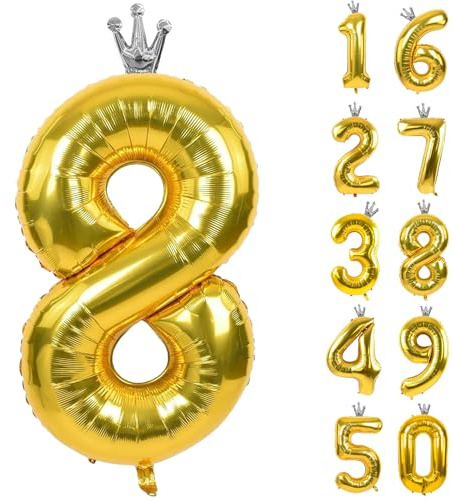 Zahlen 8 Luftballon 40 Zoll Gold Zahl Ballons mit Krone Zahlenballons mit Krone Gold Krone Ballon Zahlen 0-9 für Geburtstag Party Dekorationen Mädchen Geburtstag Dekor