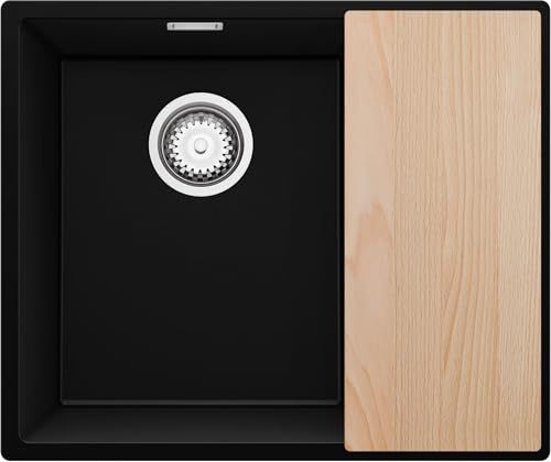 PRIMAGRAN Lavello da Cucina al Mobile 60cm + Kit di scarico, 56x47cm | Set: Kit di scarico + Tagliere + Lavandino in Granito a 1,5 vasche - London Duo Slim, Nero