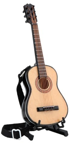 pistro Guitare électrique miniature en bois échelle 1/6 avec support et sangles, mini instrument de musique, décoration de la maison - 18 cm