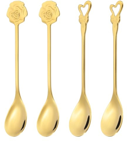 PATIKIL 4pcs Coffee Spoons, Heart/Rose Tea Spoons 304 Stainless Steel Teaspoons Small Cute for Stirring Espresso Coffee Bar Tableware Dessert Flatware Tea Party, Gold