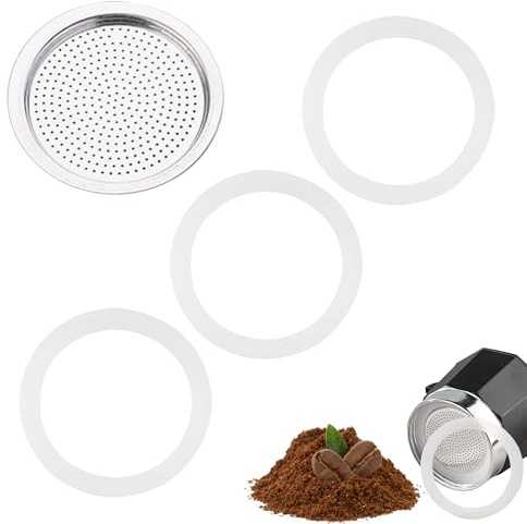 3PCS Gasket for 3 Cup Espresso Maker Includes 3 Filter and 3 Silicone Replacement Gasket Seal Kit for Espresso Coffee Maker White Moka Pot Seal Gasket Filter Replacement Spare Silicone Ring for Stove