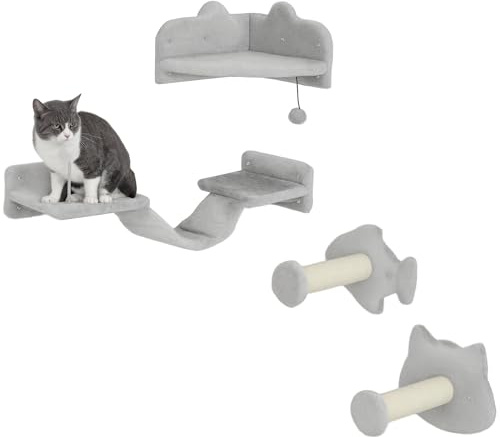 PawHut Juego de Estanterías para Gatos de 4 Piezas Rascador de Pared para Gatos con 2 Postes de Sisal Plataforma Doble con Escalera Suave y 1 Plataforma para Saltar Gris Claro