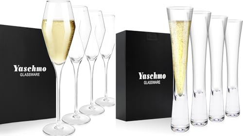 Yaschmo Champagne Flutes Glasses Set of 8, 8.4 oz &5 oz, Hand Blown Crystal Wedding Flutes, Elegant Tulip & Modern Glasses - Ideal Gift for Wedding, Anniversary,Christmas Day