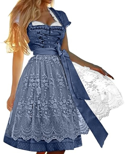 Generisch Dirndl Midi Damen Trachtenkleid Trachtenmode Dirndlkleid Trachtenrock Kleid für Bayrische Oktoberfest mit Spitzenschürze S-5XL