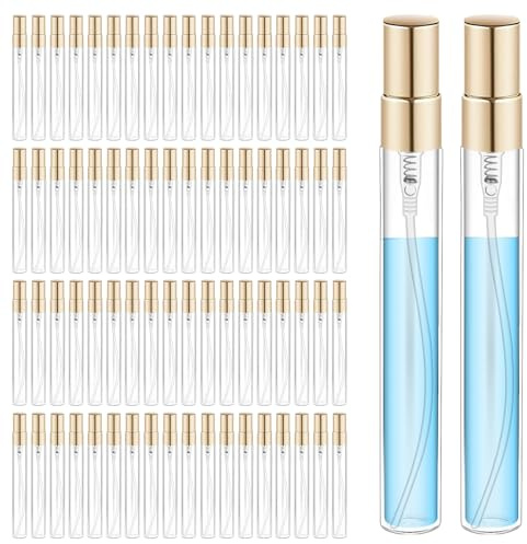 RWFMO 75 Pack 10ml Perfume Bottles, Refillable Mini Glass Sprayers Bulk | Fine Mist Spray, Leak-Resistant Threaded Neck and Clear Refillable Design for Fragrance Samples, Travel and Daily Use