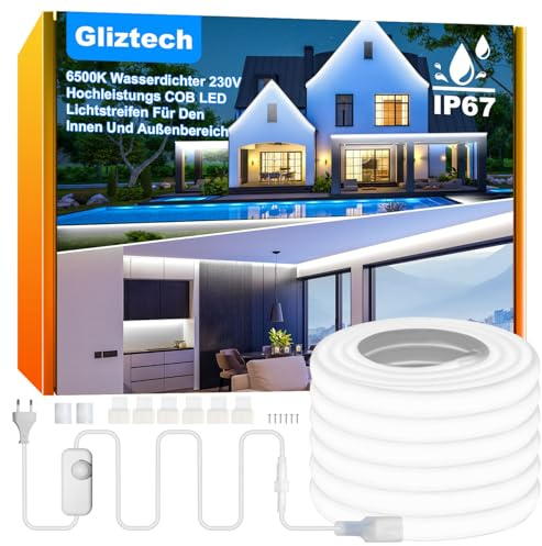 Gliztech Tira LED COB Exterior Impermeable IP67 Enchufe Directo AC 220V, Tira LED para Exteriores con Controlador de Doble Fusible, Luz LED Adhesiva para Jardín, Decoración Comercial (10M, 6500k)
