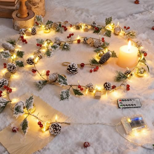 HUIKUANGEU Luci di Natale,Luci di Stringa di Natale,Ghirlanda Natalizia Artificiale con Luci,Decorazione Natalizia per Interni con Pigne,per Camino,Camera da Letto,Parete,Albero,Tavolo
