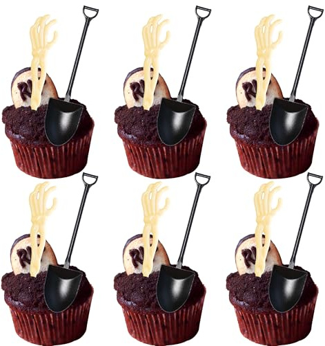 Gyufise 24 Set Halloween Zombie Hands Decorations White Skeleton Hands Cake Toppers Black Shovel Spoons Horror Spooky Desserts for Zombie Birthday Party Decoration