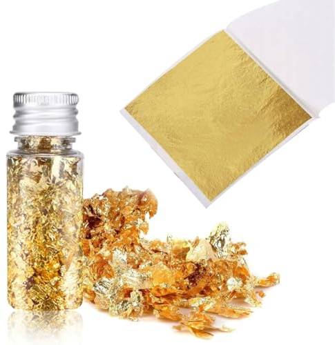 Set di Foglia Oro: 100 Fogli Decorativi 8.5x8 cm e 1 Bottiglia di Scaglie per Artigianato, Doratura, Decorazioni per Torte, Resina e Fai da Te