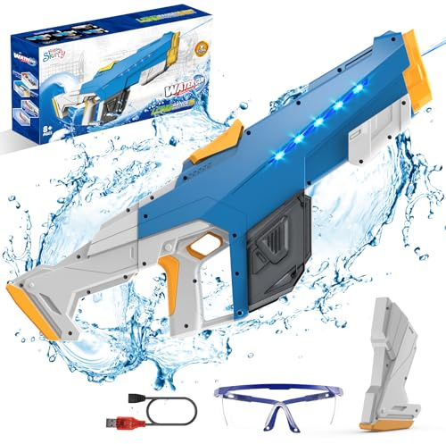 Skirfy Elektrische Wasserpistole für Kinder, automatische Wassersaug-Wasserpistole für draußen, Wasserspielzeug mit 32 ft (ca. 9,7 m) Reichweite, für Sommer-Strand-, Pool- und Rasen-Partys (Blau)