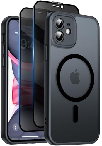 Qasyfanc for iPhone 11 Case, Privacy Screen Protectors X2, Black | Compatible with MagSafe, Camera Protection, 15FT Military Drop Protection, Translucent Matte Shockproof Phone Cover