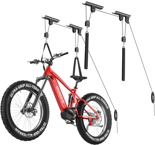 Housolution Elevador Bicicletas, [2 Unidad] Sistema Polea 888Lbs | Apto Techos 10-16 Pies, Sistema Almacenaje Techo Resistente para Bici Carretera, MTB, Fatbike, Ebike, Escaleras, Snowboard