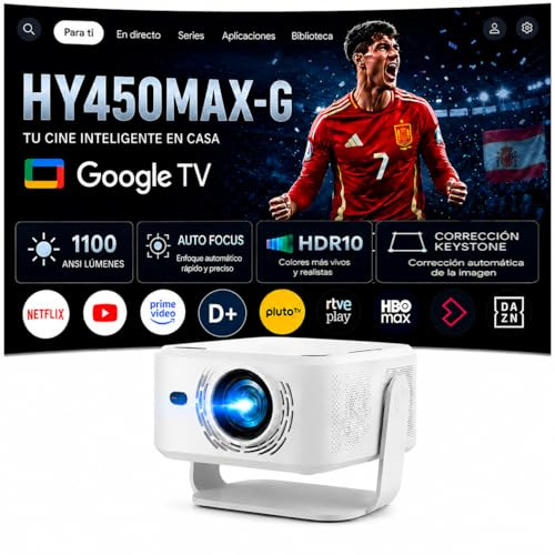 Proyector 4K | Google TV Certificado | 1080P Nativo Full HD | 1100 ANSI Lúmenes | Auto Focus & Keystone | HDR10 | WiFi 6 | Bluetooth 5.2 | Compatible Chromecast & Fire Stick | Cine y Gaming