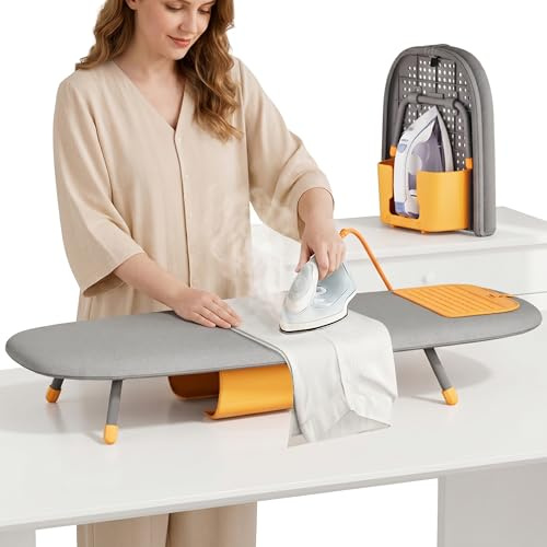 AJIEQAQ Tischbügelbrett Klappbar Mini Bügelbrett mit Integriertem Bügeleisenfach, Platzsparendes Bügeltisch für Kleine Räume, Kohlenstoffstahl, 84x33x12 cm, Grau