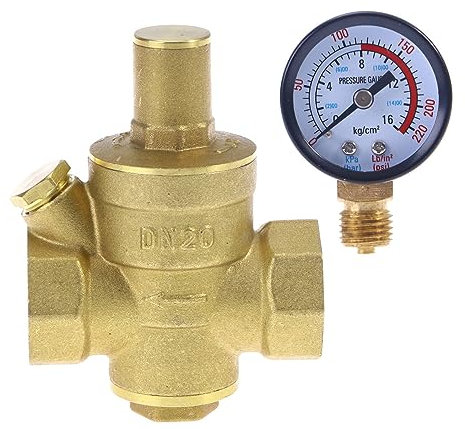 UKCOCO DN20 Brass Pressure Reducing Valve-Heavy-Duty Adjustable Water Pressure Regulator with Water Pressure Gauge