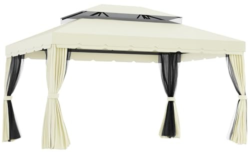 Outsunny Gazebo da Giardino 4x3 m con Zanzariera e Tende Parasole, Gazebo da Esterno a Doppio Tetto con Copertura in Poliestere Anti UV e Telaio in Lega di Alluminio, Crema