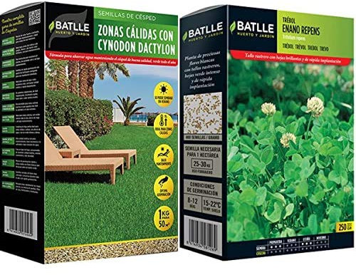 Semillas Batlle de Césped Zonas Cálidas con Cynodon Dactylon 1Kg + Césped Trebol Blanco Enano Repens 250g