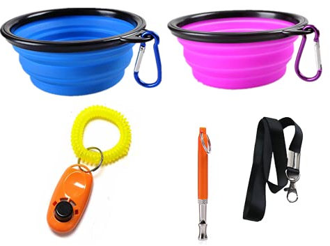Plegable Viajes Silicona Gatos Perros Bowl, con MosquetóN de Viaje Y Alpinismo, Utilizado para Gatos, Perros Y Animales DoméSticos para El Agua Y La Comida (con Clicker de Entrenamiento Y Silbo).