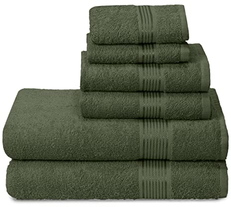 GLAMBURG Ultra-weiches 6er-Pack Baumwoll-Handtuch-Set, enthält 2 übergroße Badetücher 70 x 140 cm, 2 Handtücher 40 x 60 cm und 2 Waschbetten 30 x 30 cm, Olivgrün