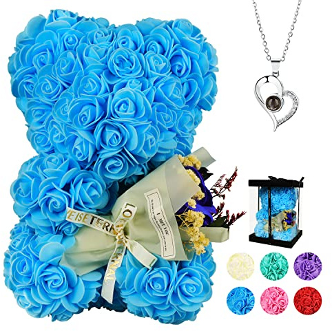POHOMEGK Mothers Day Rose Bear Gifts for Mum Mothers Rose Bear, Rose Teddy Bear, Gifts for Women, Valentines Gifts for Kids, Birthday, I Love You Necklace in 100 Languages
