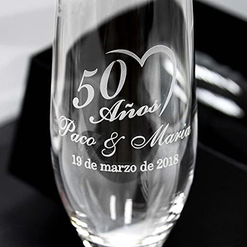 Dgregalos Copas de cava de cristal personalizadas mediante grabado a láser con estuche a juego - Regalo personalizado para novios, parejas, bodas, eventos (Bodas Plata/Oro)