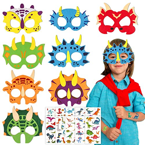 8 Stück Dinosaurier Masken Filz Tiermasken für Kinder mit 10 Blätter Dino Tattoo Dinosmasken Party Mitgebsel für Karneval Fasching Kindergeburtstag Mottoparty Halloween
