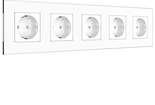 PULSAR Steckdose Unterputz 5-Fach Glas Weiß, Schuko-Wandsteckdose 16A | Steckdose Weiß 5-Fach Glas Unterputz, Schuko Wandsteckdose 16A, 370 x 86mm mit Kindersicherung, Fünffach-Steckdose