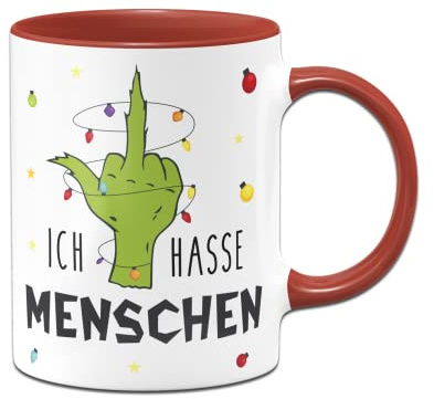 Tassenbrennerei Grinch Tasse mit Spruch: Ich hasse Menschen - Motiv Hand mit Lichterkette - Weihnachtstasse, Kaffeetasse lustig (Rot)