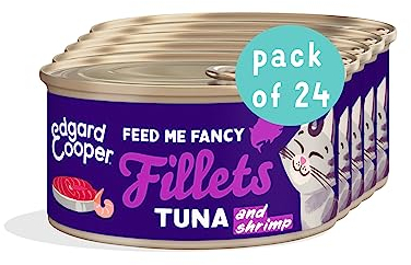 Edgard & Cooper Nassfutter für Katzen, Erwachsene, (Thunfisch & Garnelen, 70 g x 24), Filets für Katzen, sterilisiert und aktiv, getreidefrei, natürliche Zutaten, frisches Fleisch,