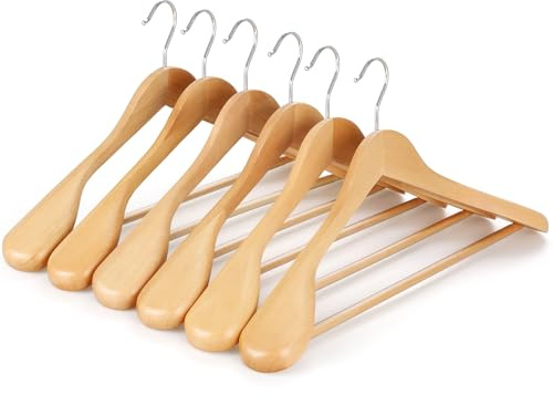 TOPIA HANGER Wide Shoulder Wooden Hangers, Suit Hangers with Non Slip Pants Bar & 360° Swivel Hook, Solid Wood Heavy Duty Coat Hanger, 6 Pack (Natural)-CT02NA