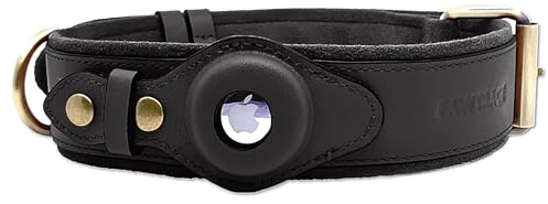PawTrace Airtag Hundehalsband Leder. Stabiles Halsband aus Echtleder kompatibel mit Apple AirTag. Komfortablere Schutz für kleine & große Hunde. GPS Hundeband in Schwarz. Verstellbar (M)
