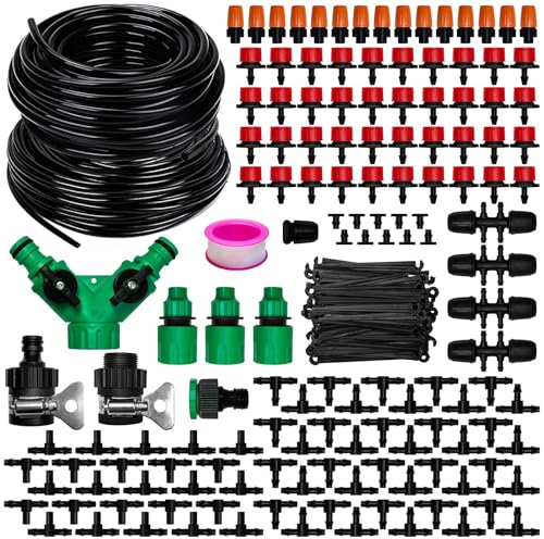 Sistema di irrigazione a goccia da giardino, kit di irrigazione a goccia da 32 + 98 m, kit di irrigazione automatica fai da te, set di attrezzature per irrigazione automatica per giardino, serra,
