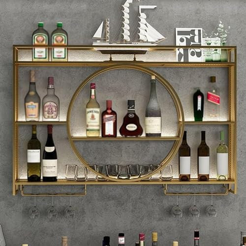 pujindu Modern Metal Wine Rack Wall Mounted, Industrial Wine Display Racks, Bar Unit Floating Shelves, Hanging Wine Bottle & Glass Holder for Home Decor (Gold, 39.4x5.9x31.5in)