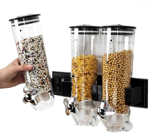4.5L Wall Mounted Grain Dispenser, Dry Food Cereal Dispenser with Cup, 3 Buckets Candy Dispense for Kitchen Store, Nut, Coffee Beans, Candy, Snack, Dry Food
