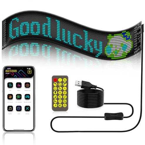Gemsaya Flexibler LED Anzeigetafel, 59,5 x 12 cm LED Laufschrift Programmierbar, Bluetooth Smart App LED-RGB-Panel, Scrolling Personalisiert LED Matrix Panel mit Fernbedienung für Auto