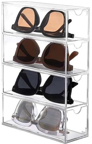 YZDZSW Acrylic Sunglasses Organizer, Stackable Eyewear Display Tray, Sunglasses Organiser with 4 Drawers Acrylic Eyeglass Organizer for Watches Cosmetics Jewellery Box Sunglasses