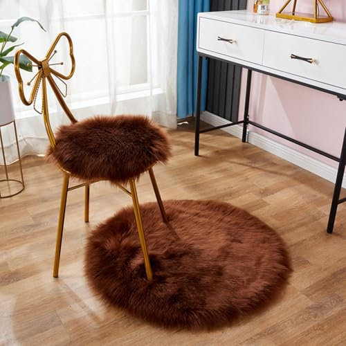 champracer Faux Lammfell Schaffell Teppich,Rund Hochflor Fluffy Teppich Plüsch Wohnzimmer Dicker Teppich,Kunstfell Teppich, Weicher und Flauschiger Teppich Wohnzimmer,Teppich Rund (Braun,80cm)