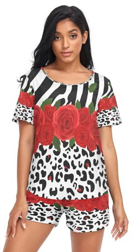 HMZXZ Damen Schlafanzug-Set Tier Zebra Leopard Sommer Pyjama Woman Set,Rose Blume Loungewear und Shorts Lounge Set Sleepwear Nachtwäsche